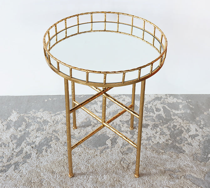 Gold Leaf End Table with Tray Style Mirror Top - Cleared