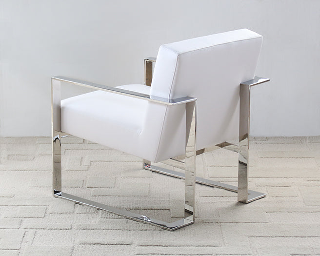 White Leatherette and Polished Stainless Steel Lounge Chair