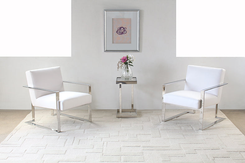 White Leatherette and Polished Stainless Steel Lounge Chair