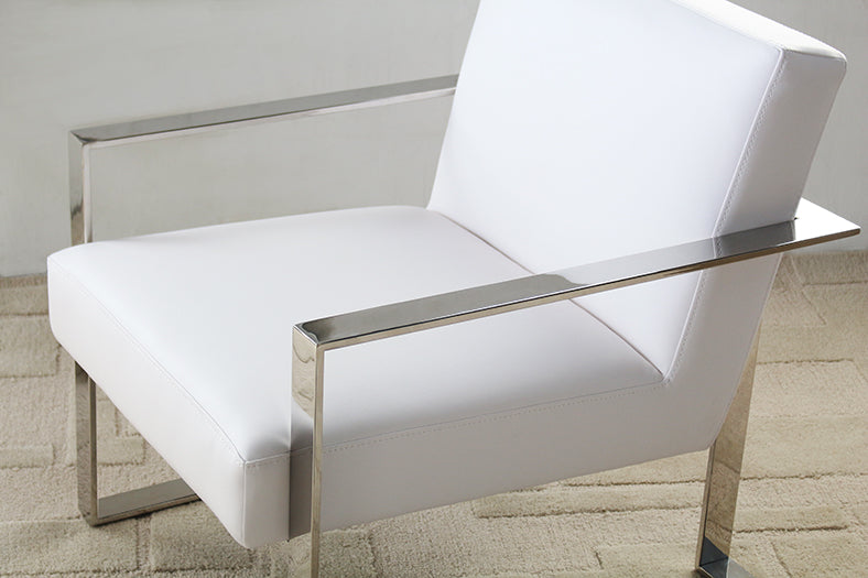 White Leatherette and Polished Stainless Steel Lounge Chair
