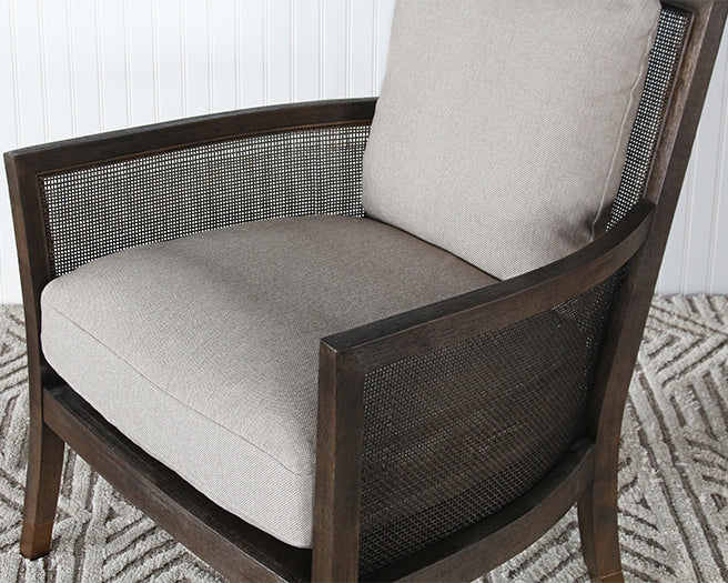 Linen And Cane Lounge Chair With Brass Capped Feet