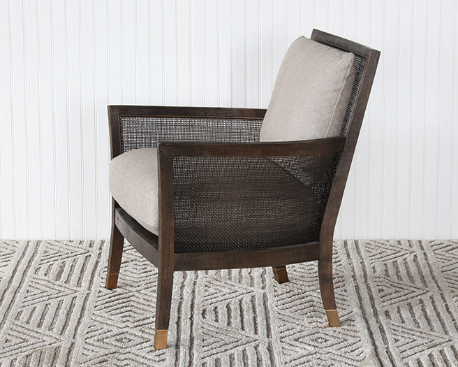 Linen And Cane Lounge Chair With Brass Capped Feet