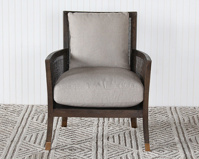 Linen And Cane Lounge Chair With Brass Capped Feet