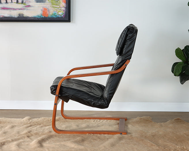 Vintage Black Leather Teak Lounge Chair