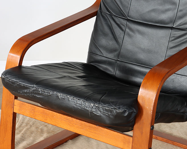 Vintage Black Leather Teak Lounge Chair
