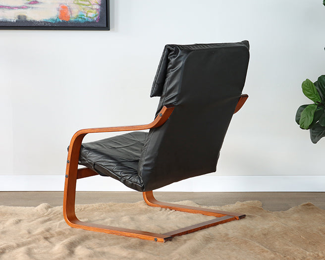 Vintage Black Leather Teak Lounge Chair