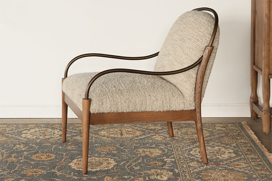 Burnished Brass and Stone Boucle Lounge Chair