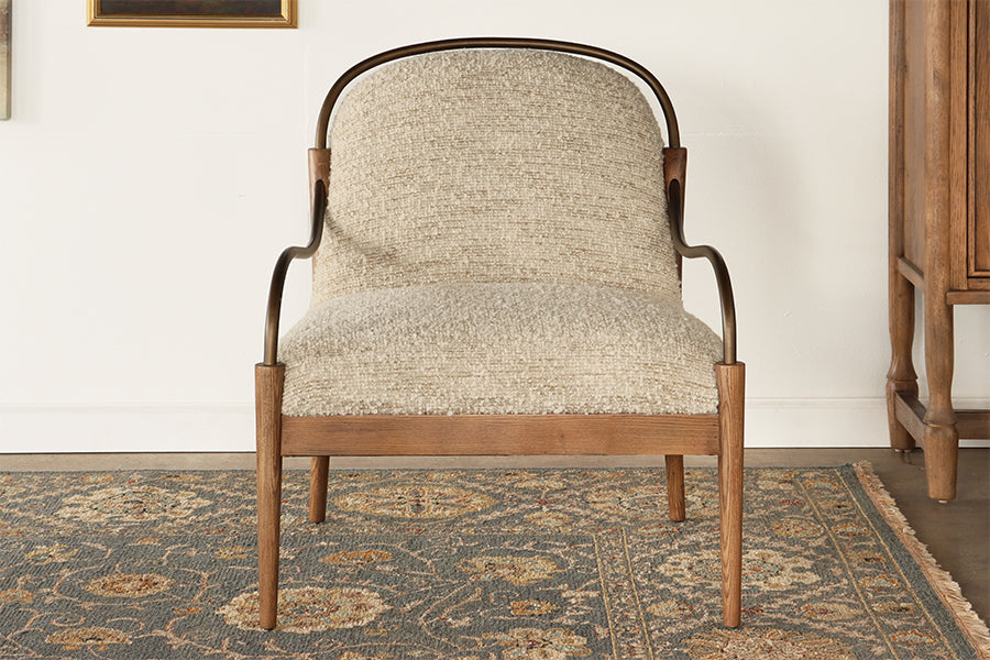 Burnished Brass and Stone Boucle Lounge Chair