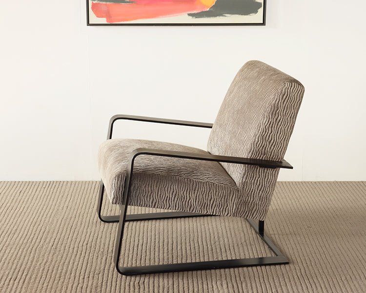 Carved Grey Chenille Lounge Chair with Black Metal