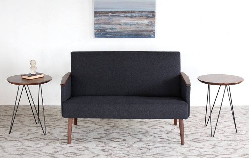LS117 Gray Wool Loveseat with American Walnut Arms and Legs