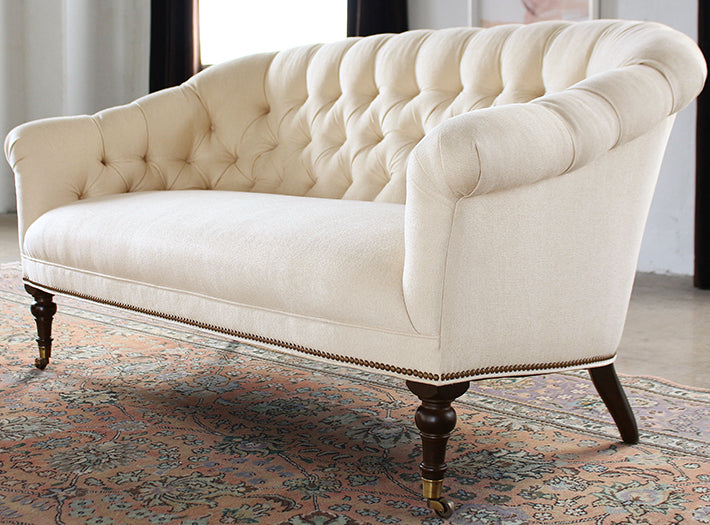 Tufted Loveseat in Linato Cream with Brass Nailhead Trim