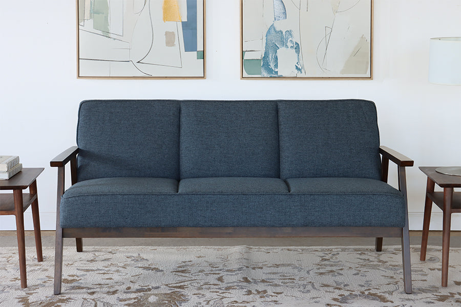 Blue Loveseat with Wood Arms