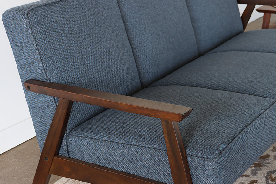 Blue Loveseat with Wood Arms