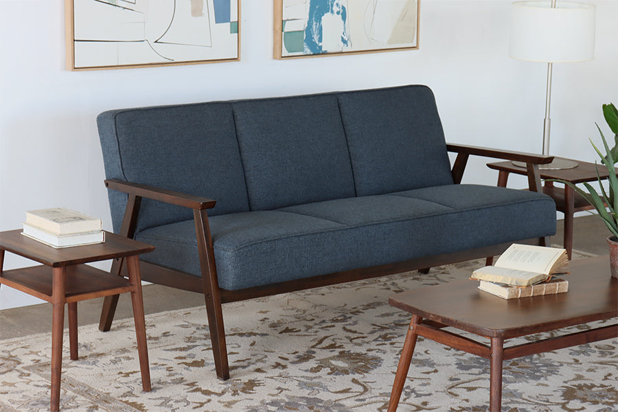 Blue Loveseat with Wood Arms