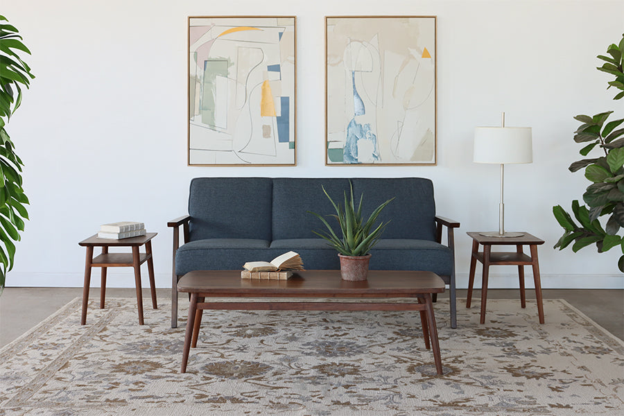 Blue Loveseat with Wood Arms