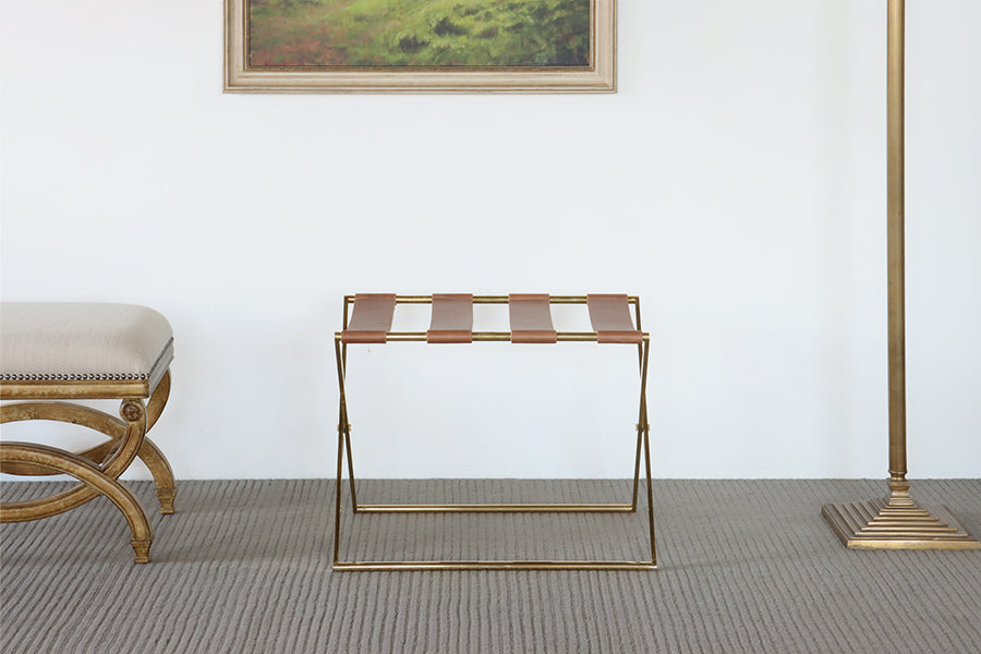 Brass Folding Luggage Rack with Leather Straps