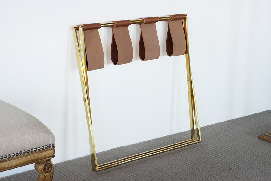 Brass Folding Luggage Rack with Leather Straps