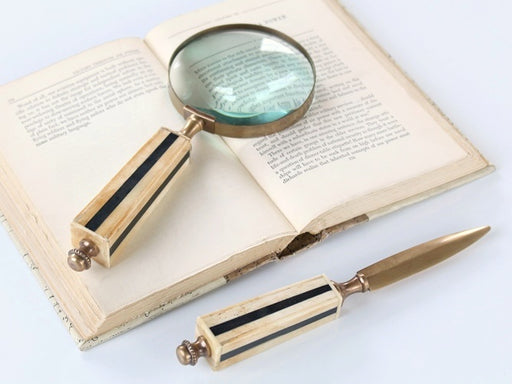 MISC101 Bone & Antique Brass Letter Opener and Magnifying Glass Set