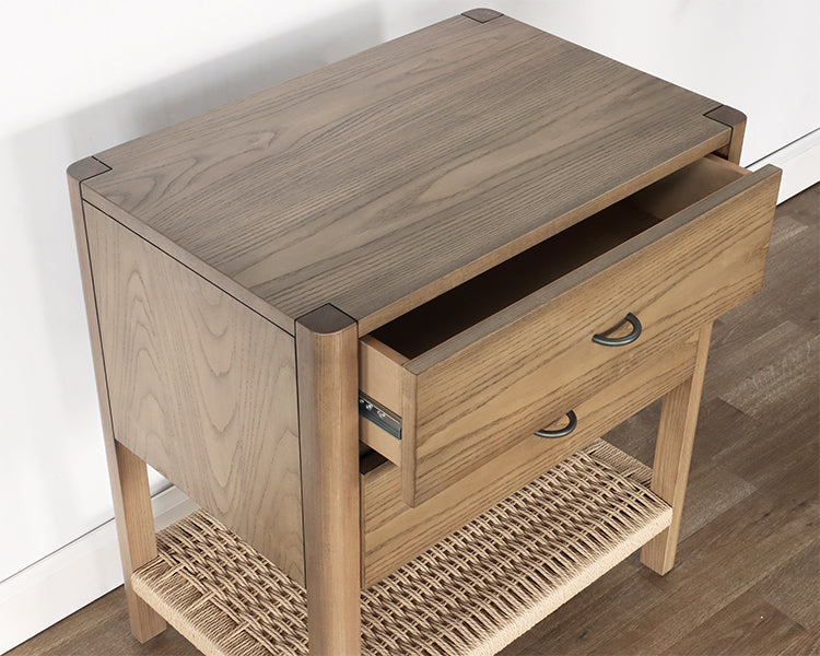Danish Style Ash Nightstand with Woven Shelf