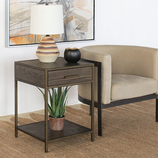 NS86 - Oak Nightstand With Rubbed Bronze Frame