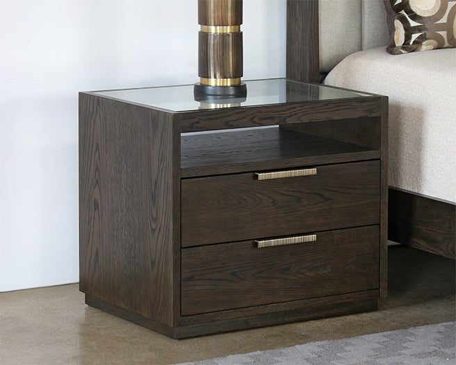 NS92 - Sable Brown Oak 2 Drawer Nightstand With Brass Pulls