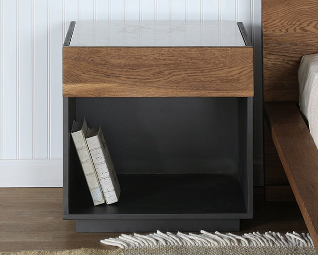 Dark Grey Lacquered Nightstand With Oak Drawer
