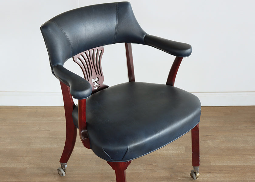 Dark Navy Leather Chippendale Style Office Chair