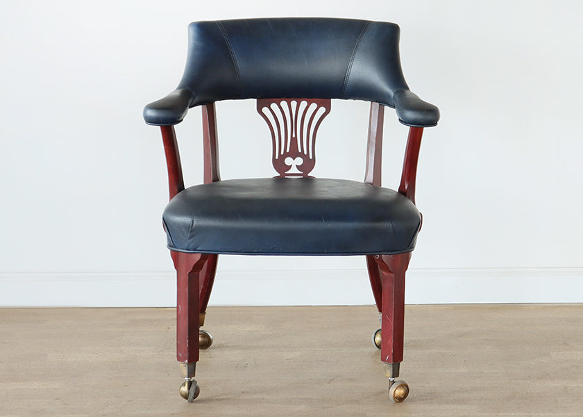 Dark Navy Leather Chippendale Style Office Chair
