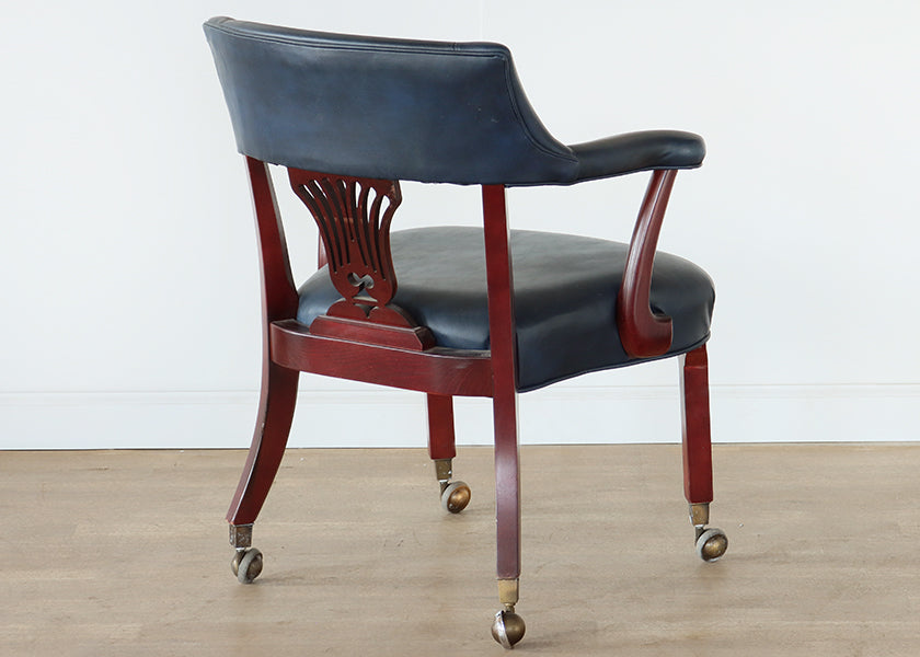 Dark Navy Leather Chippendale Style Office Chair
