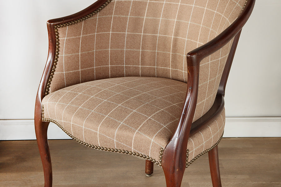 Tan Plaid Upholstered Barrel Chair