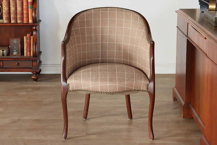 Tan Plaid Upholstered Barrel Chair