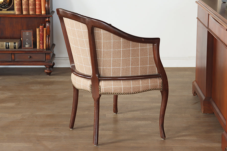 Tan Plaid Upholstered Barrel Chair