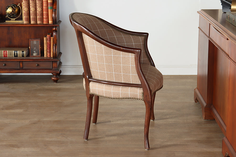 Tan Plaid Upholstered Barrel Chair