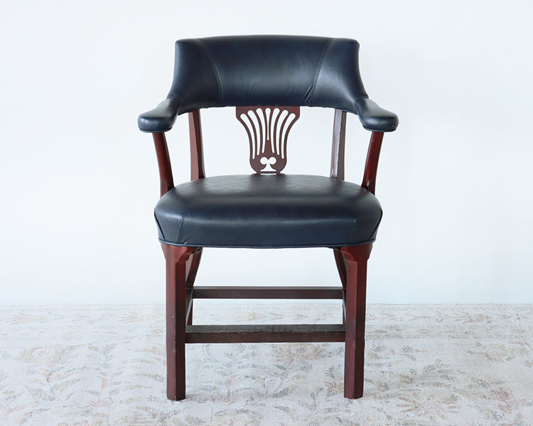 Dark Navy Leather Chippendale Style Arm Chair