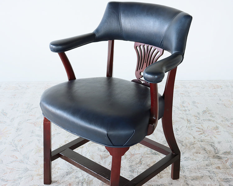 Dark Navy Leather Chippendale Style Arm Chair