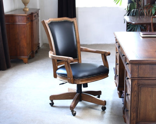 OC61 Wood Frame Black Leather Rolling Office Chair 