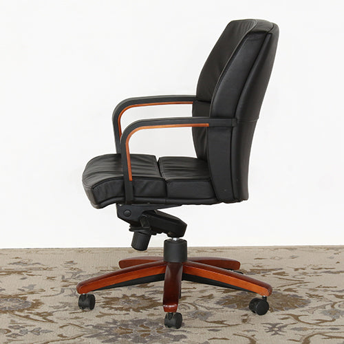 Black Leather Conference Chair With Wood Base