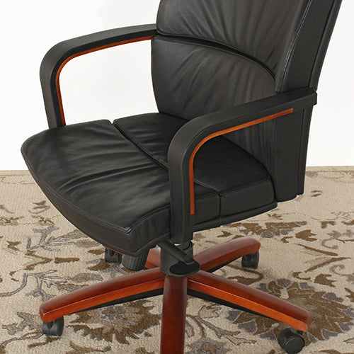 Black Leather Conference Chair With Wood Base
