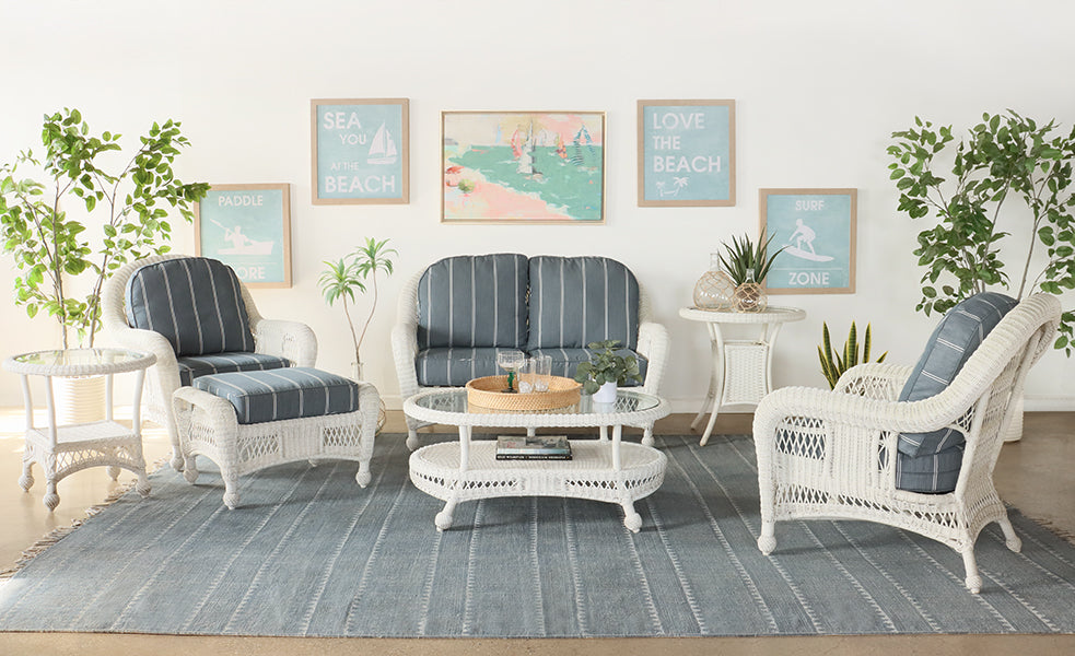 White Wicker Ottoman w/ Blue & White Cushion