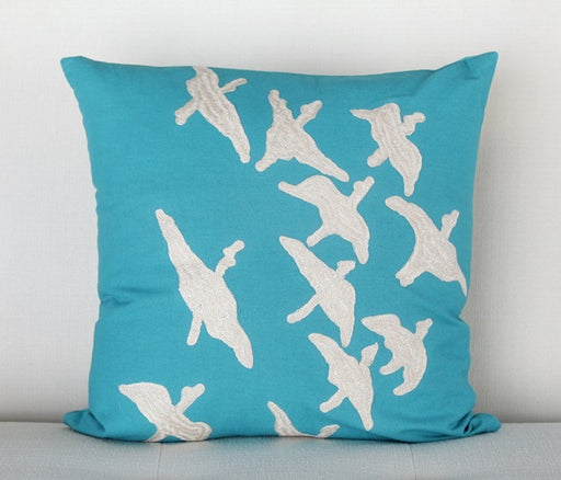 PIL183 Blue and Ivory Flying Birds Pillow