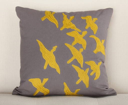 PIL189 Frost Gray and Goldenrod Flying Birds Pillow