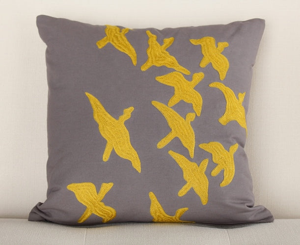 PIL189 Frost Gray and Goldenrod Flying Birds Pillow