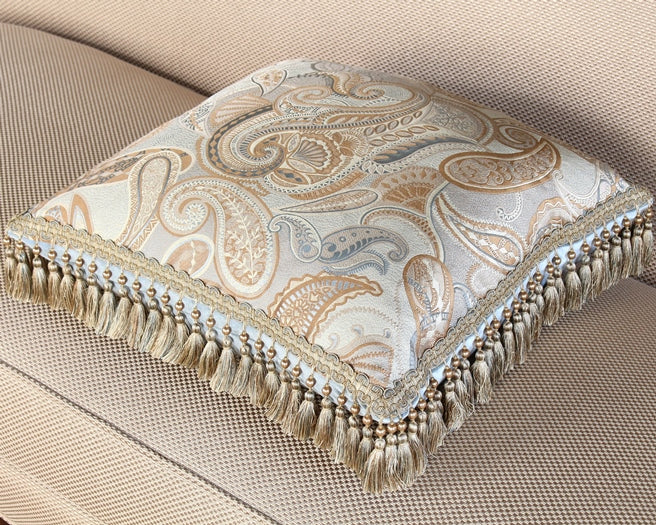 Pale Blue Paisley Pillow with Gold Tassel Fringe