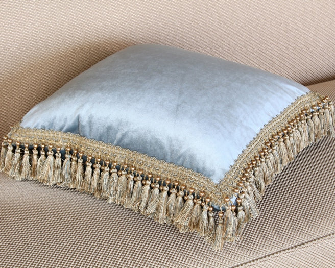 Pale Blue Velvet Pillow with Gold Tassel Fringe