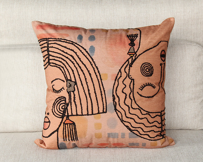 PIL262 - Terracotta And Multi Abstract Face Pillow
