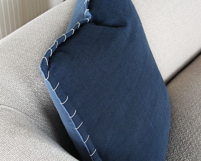 Navy Linen Pillow With Stitched Edge