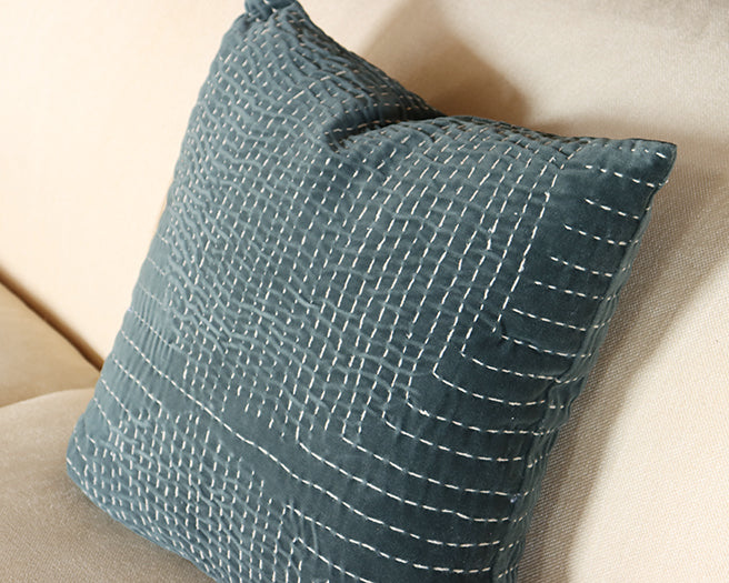 Slate & Cream Stitch Pillow With Abstract Pattern