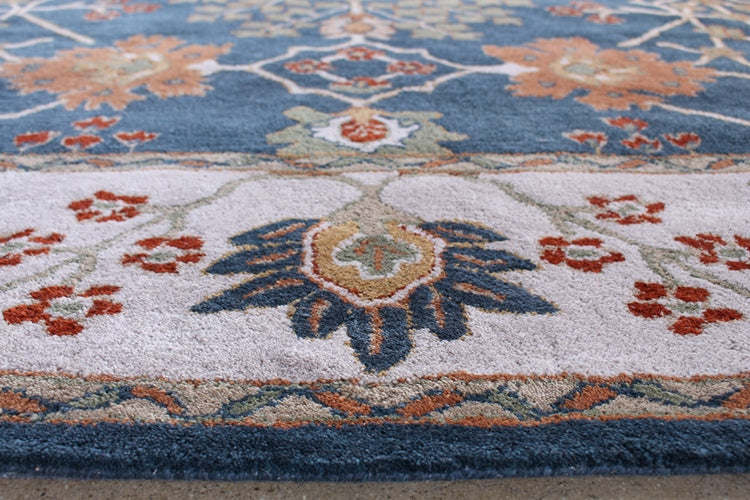 RUG253 9' x 12' Traditional Indian Indigo and Dark Ivory Hand-tufted Wool Rug