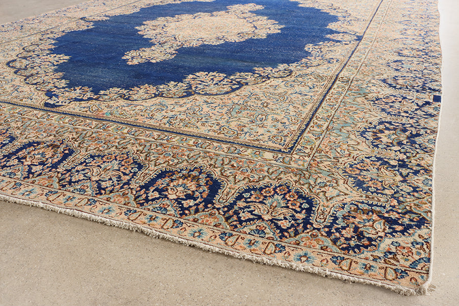 12' x 9' Hand Knotted Vintage Persian Kirman Blue Wool Area Rug