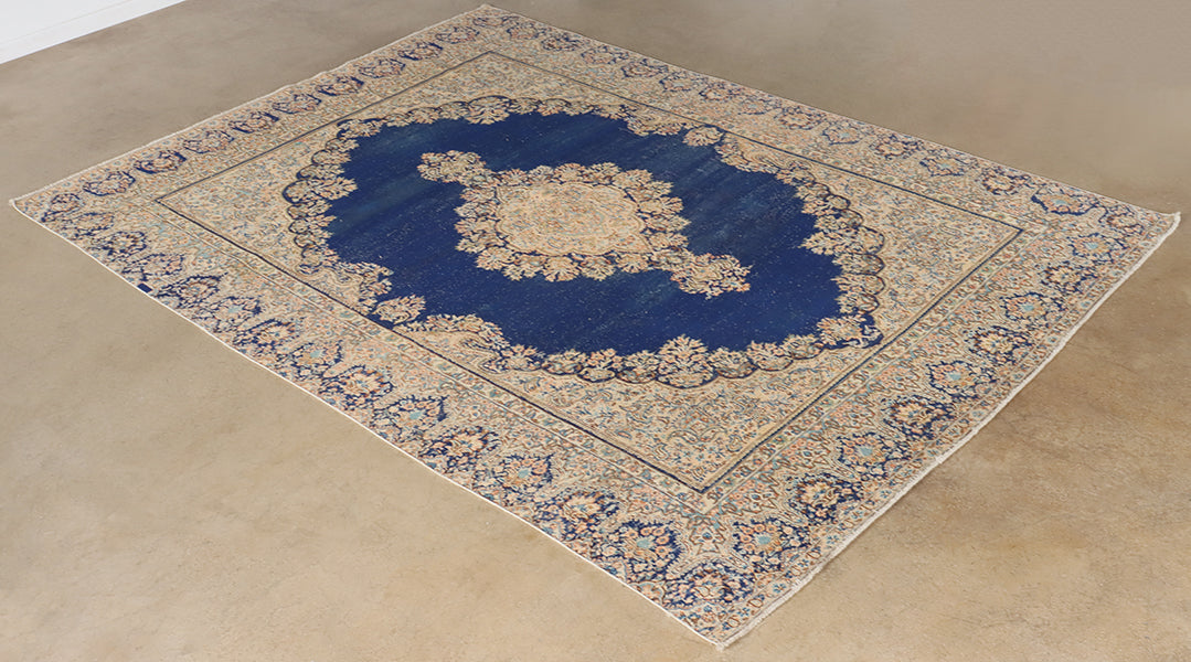 12' x 9' Hand Knotted Vintage Persian Kirman Blue Wool Area Rug